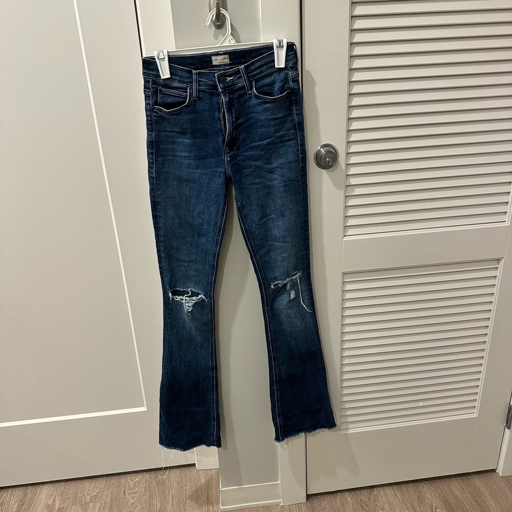 MOTHER “The Runaway Fray” Dark Blue Distressed Flare Jeans